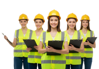 Team of female construction workers in hard hats and safety vests holding clipboards on a transparent background