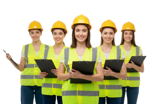 Team of female construction workers in hard hats and safety vests holding clipboards on a transparent background