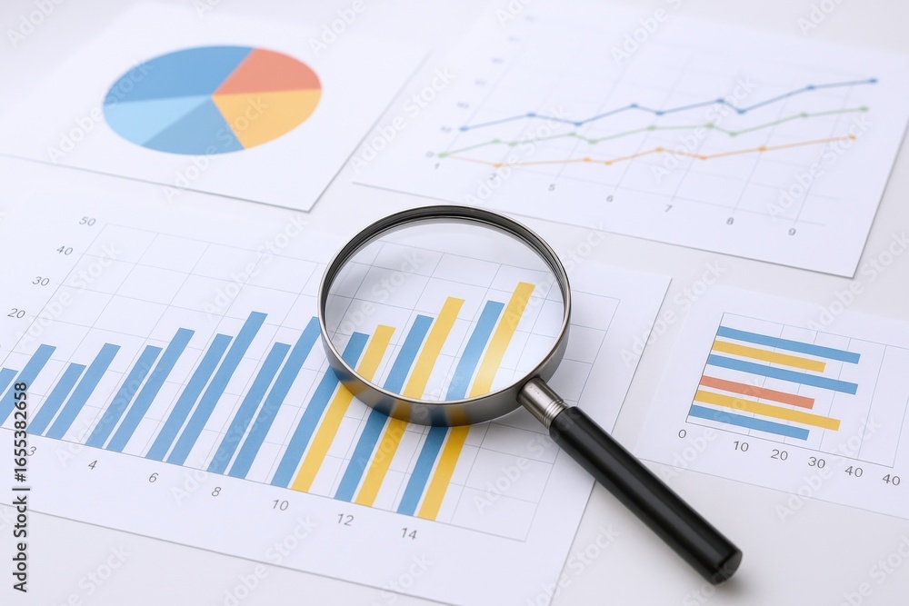 Poster data analysis with magnifying glass over charts and graphs depicting financial growth and performanc