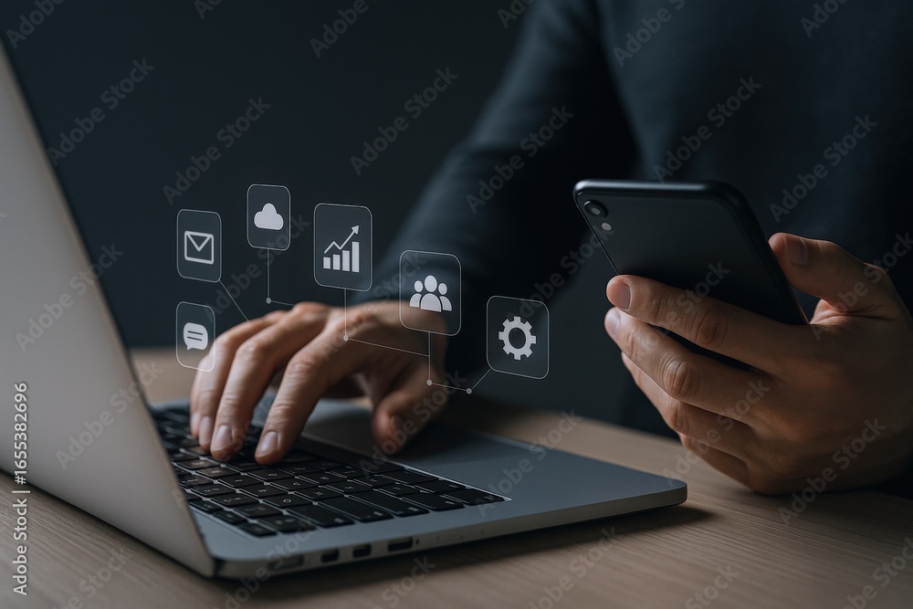 Poster businessman using laptop and smartphone with emerging data icons for global digitalization and conne