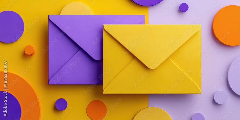 Aufkleber bright composition of two envelopes on colorful background with abstract shapes for communication an
