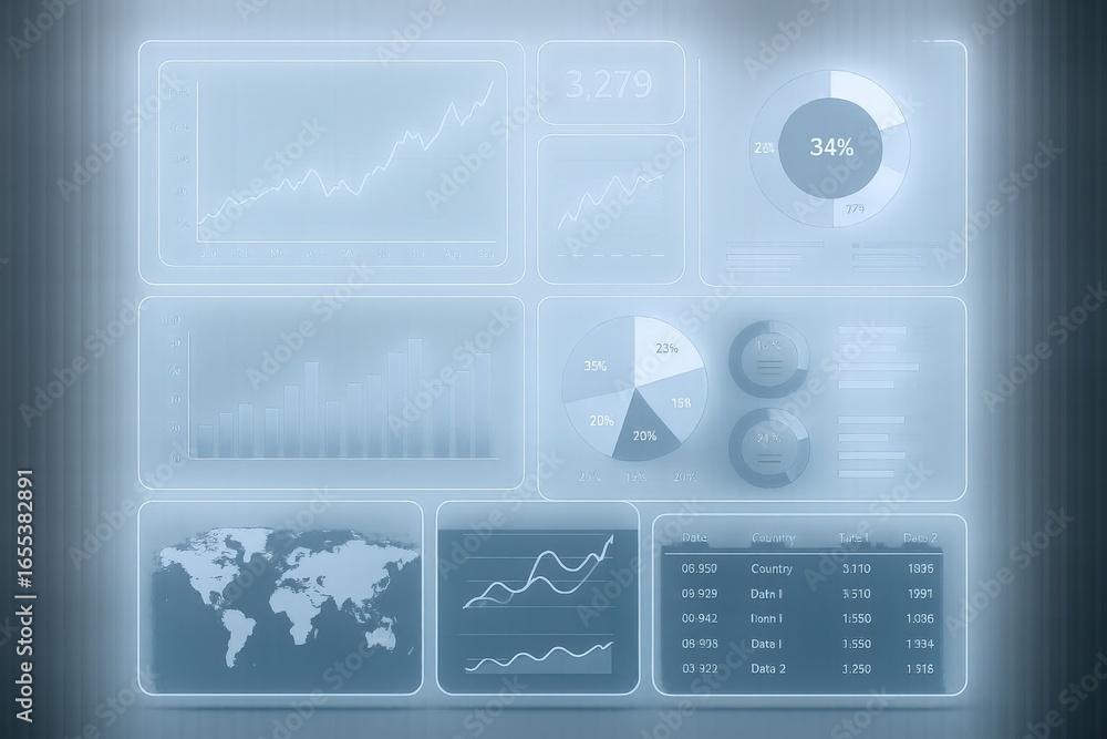 Poster abstract digital user interface with data visualization and analytics elements on black background