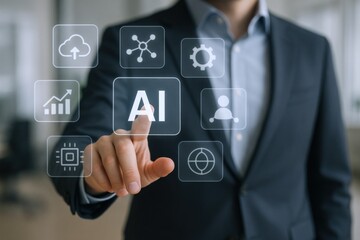 Obraz premium Businessman Activating Artificial Intelligence Interface: Futuristic Technology Concept for Business Automation and Advanced Analytics