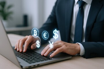 Businessman Analyzing Cryptocurrency and Global Financial Markets Data on Laptop for Investment Decisions