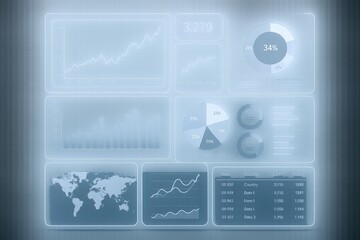 Abstract Digital User Interface with Data Visualization and Analytics Elements on Black Background