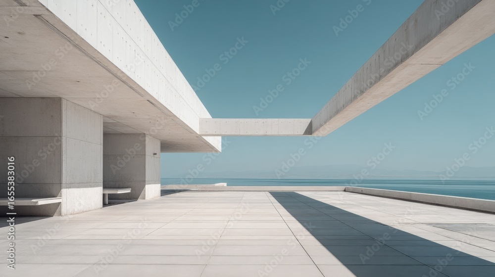 Poster minimalist architecture with concrete structure overlooking ocean on clear day, showcasing geometric