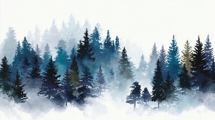 Majestic Alpine Trees in Enchanting Forest Watercolor Illustration