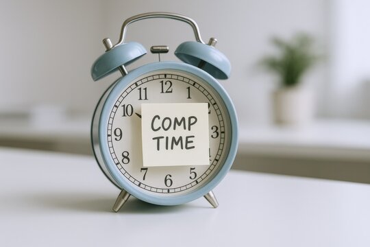 Blue Alarm Clock with Compensatory Time Note Symbolizing Work Life Balance and Productivity