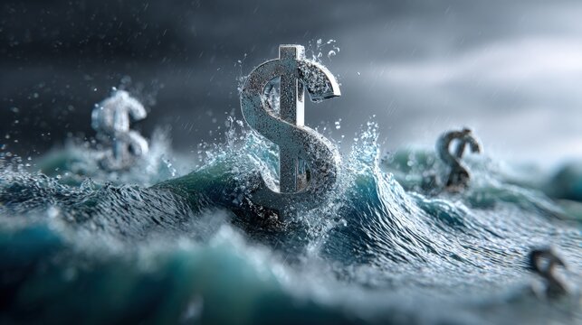 Dollar symbols in turbulent waters depicting economic crisis, financial risk and market volatility