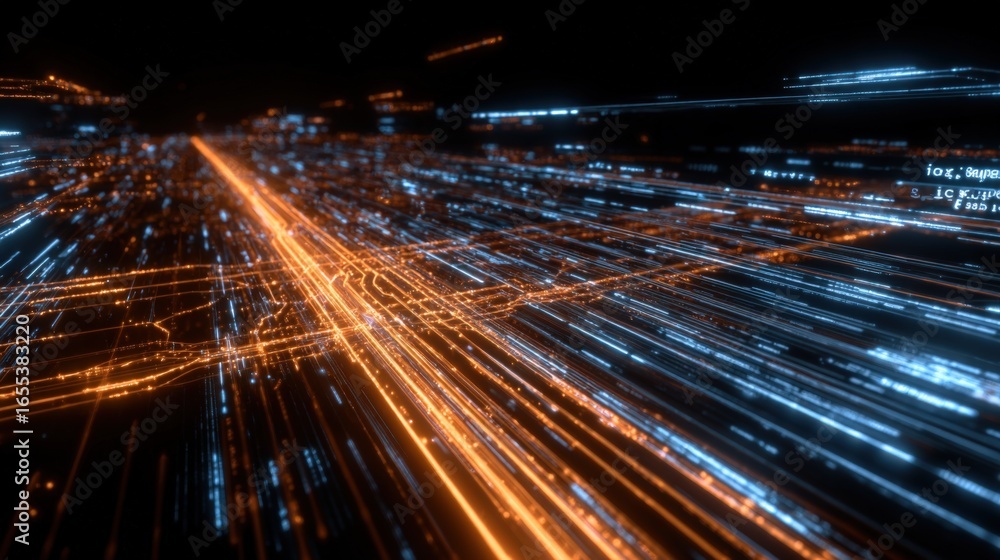 Poster abstract data stream visualization with orange and blue lines against a dark background