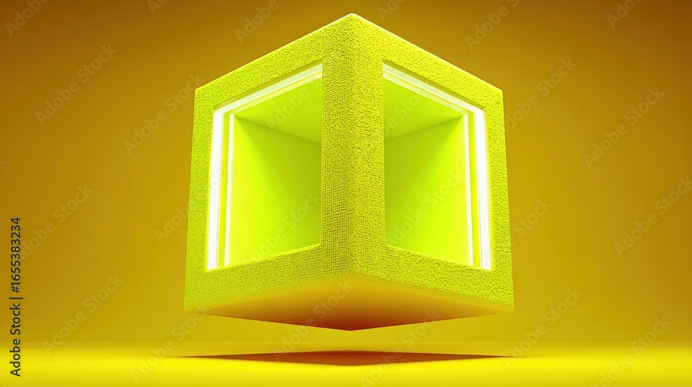 Poster abstract yellow cube levitating with illuminated interior space, modern design element on plain back