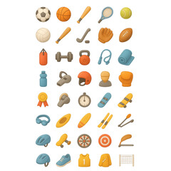 Collection of diverse sports equipment icons for training fitness and recreational activities