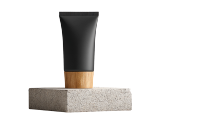 Matte black cosmetic tube on a light gray stone pedestal