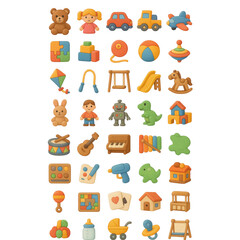 Collection of colorful cartoonish toy icons ideal for children's apps and websites engaging playful designs