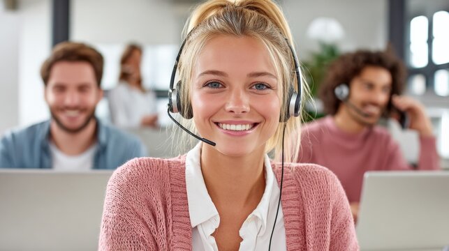 Friendly Female Customer Support Representative Smiling in a Modern Office with Diverse Colleagues