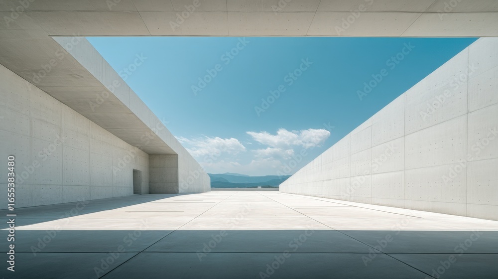 Poster architectural minimalist design featuring a modern concrete structure with a sky view and empty spac