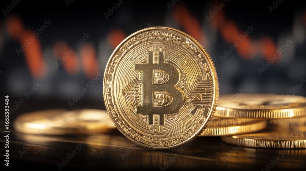 Poster Golden Cryptocurrency Bitcoin Coins Displayed on a Table with Blurry Stock Chart Background