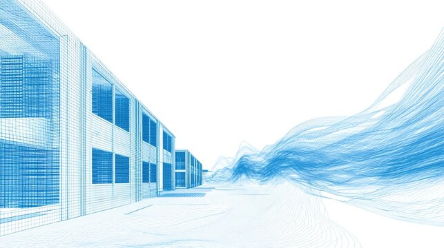Carbon neutral data center in minimalist wireframe style with blue energy flowing lines on white background, illustrating sustainable technology, eco-friendly computing and green energy concepts - Powered by Adobe
