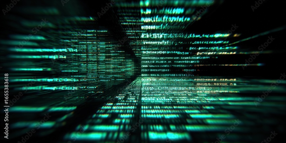 Poster abstract data flow background with lines of green code for futuristic technology concept