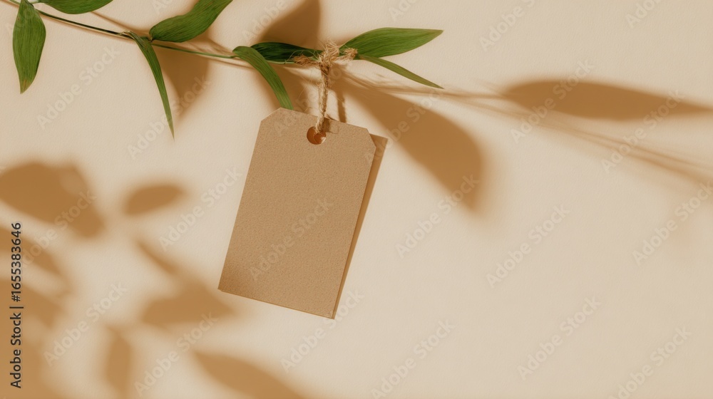 Poster minimalist blank tag mockup hanging from green branch with soft shadow on beige background