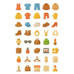 Colorful flat design icons of clothing accessories footwear and sewing essentials for fashion and lifestyle collections