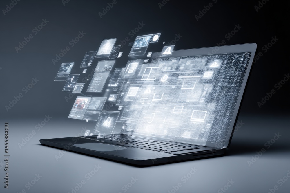 Poster laptop displaying floating digital media, data streams, information technology concept, modern techn