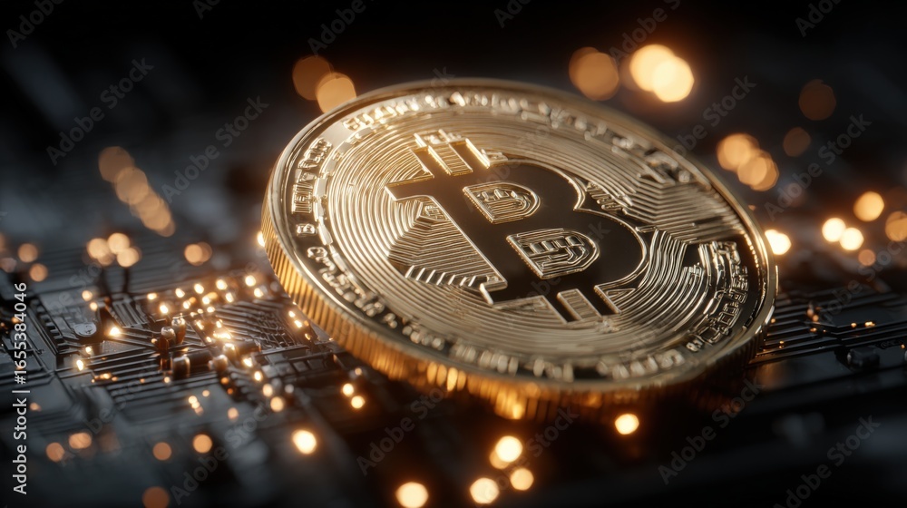 Aufkleber golden cryptocurrency coin on circuit board illustrating digital currency and blockchain technology 