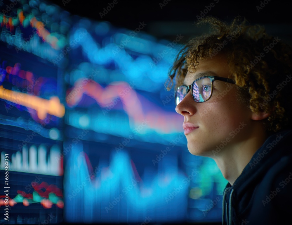 Poster focused young man analyzing financial data on multiple computer screens in a modern office