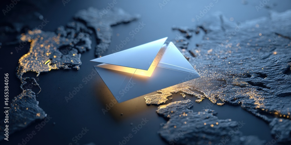 Poster global communication: a symbolic envelope hovering above a detailed world map, representing connecti