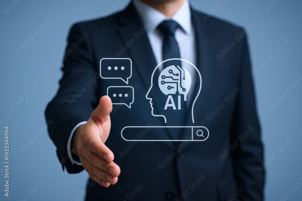 Aufkleber artificial intelligence integration: businessman extends hand with ai interface, symbolizing partner