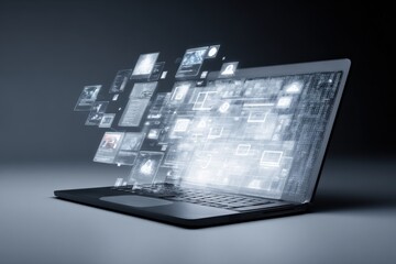 Laptop displaying floating digital media, data streams, information technology concept, modern technology and futuristic interface