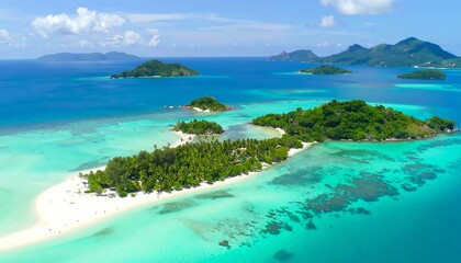 Fototapeta premium A stunning aerial view of a tropical island paradise with turquoise waters and lush green vegetation.
