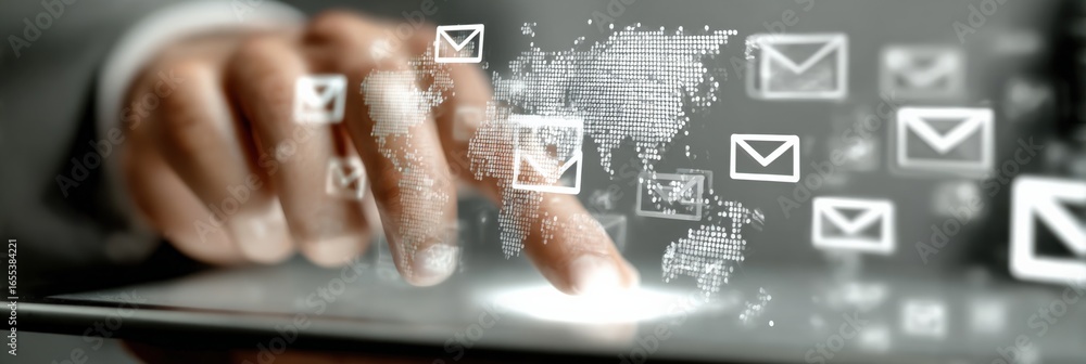 Poster digital communication concept: businessman using tablet to send emails globally, staying connected a