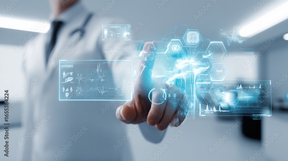 Poster doctor interacting with futuristic medical interface displaying patient data and diagnostic informat
