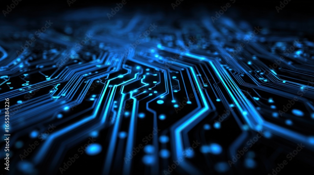 Poster futuristic circuit board design with glowing blue traces and nodes for high technology concepts