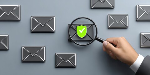 Email Security Audit: Hand with Magnifying Glass Examining a Secure Message with Green Shield
