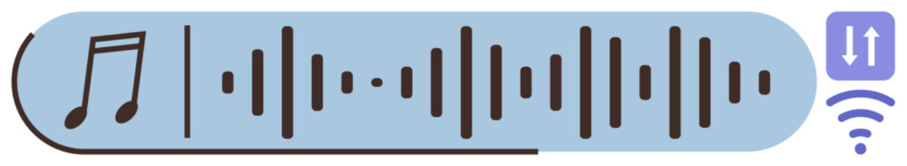 Music note, audio waveform, and syncing icons on blue background, emphasizing soundwaves, music, streaming, connection, synchronization and digital audio. Ideal for audio technology apps podcasts