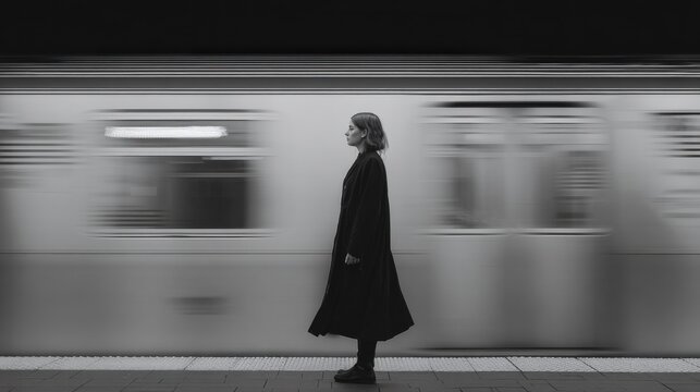 Monochrome Portrait of a Woman Standing on a Subway Platform with a Train Passing By