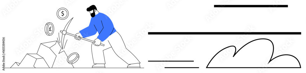 Poster person using a pickaxe to extract coins, representing effort, currency, resource extraction. ideal f