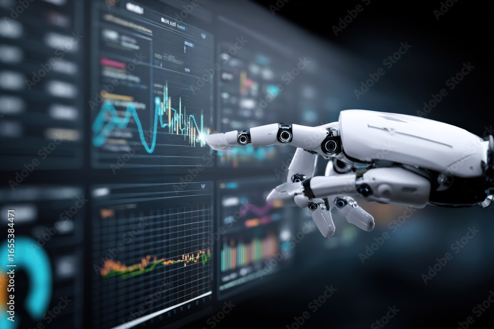 Poster ai-powered data analysis: robot hand interacting with financial charts on screen for predictive anal