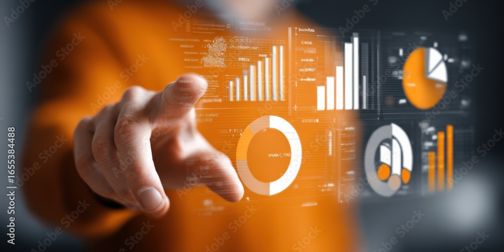 Poster human pointing at virtual touchscreen displaying financial data analytics, business intelligence and