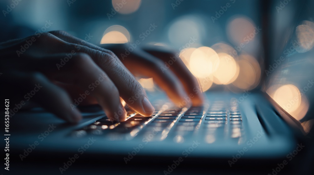 Poster hands typing on laptop keyboard in dark environment with bokeh lights background, conceptual of mode