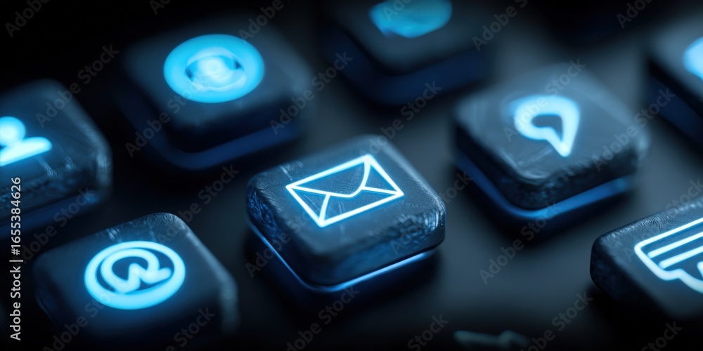 Poster illuminated communication icons on keyboard buttons representing technology, connectivity, and socia