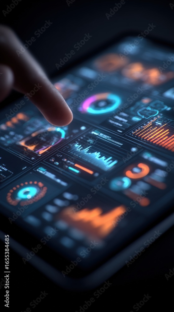 Aufkleber interactive data analysis on tablet display with finger touching screen, exploring charts and inform