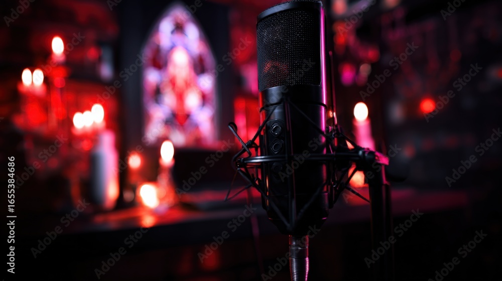 Poster professional studio microphone setup with red lighting for recording sessions and broadcasts in atmo