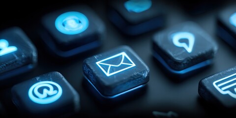 Illuminated Communication Icons on Keyboard Buttons Representing Technology, Connectivity, and Social Media Engagement