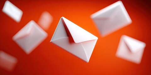 Envelopes floating against vibrant orange background, conceptual illustration for communication, invitations, direct mail marketing campaigns