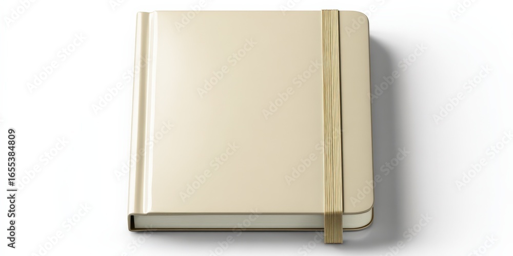 Poster elegant cream-colored notebook with elastic closure on a clean white background, ideal for mockups a