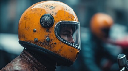 A close-up of a person wearing a vintage orange motorcycle helmet, focused on the eye.