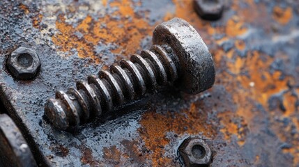 A rusty bolt with rust stains on a metal surface, with a background of rusted metal and a few bolts visible in the background.